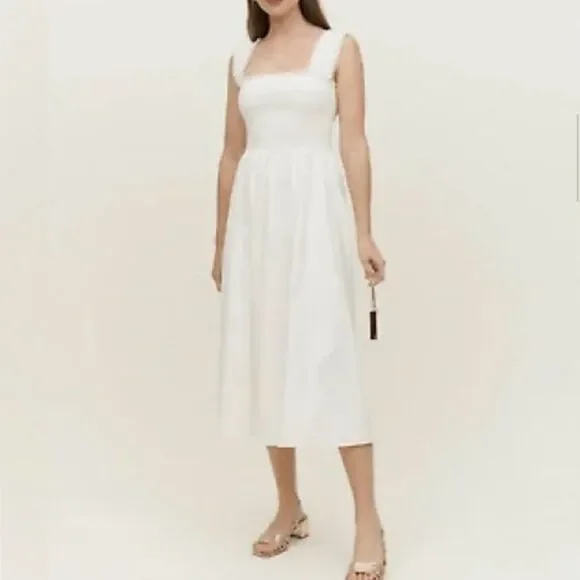 Reformation Villa Midi Dress Smocked Organic Cotton White Size L - Picture 9 of 9